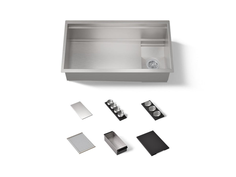 KOHLER K-37908-PAP Synthos 33-3/4" Undermount Single-bowl Workstation Kitchen Sink - angled product view