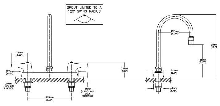 Commercial 26C3 26C3933 Two Handle 8 In Cast Deck-Mount Faucet with Limited Swing Spout