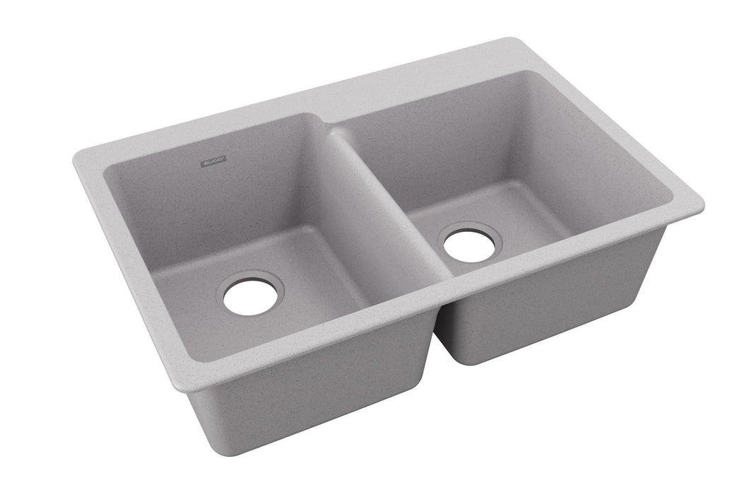 Elkay Quartz Classic 33" x 22" x 9-1/2" Offset Double Bowl Drop-in Sink Greystone