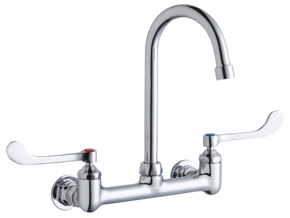Elkay Scrub/Handwash 8" Centerset Wall Mount Faucet w/5" Gooseneck Spout 6" Wristblade Handles 1/2" Offset Inlet