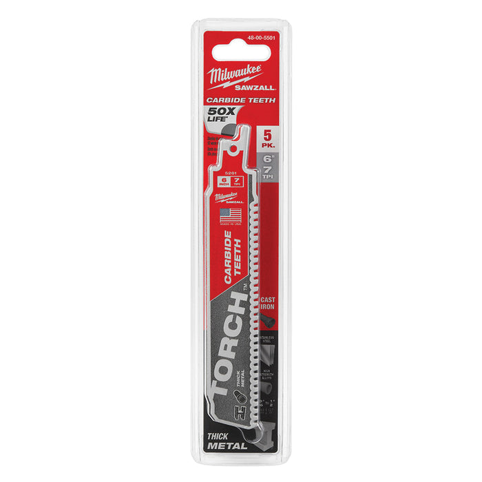 Milwaukee 48-00-5501 6" | 7-TPI The TORCH with CARBIDE TEETH SAWZALL Blades (Pack of 5)