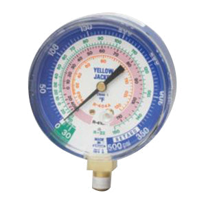 YELLOW JACKET 49138 Dry Manifold Gauge, 3-1/8 in Dial, 30 in to 0 to 500 psi, 1/8 in