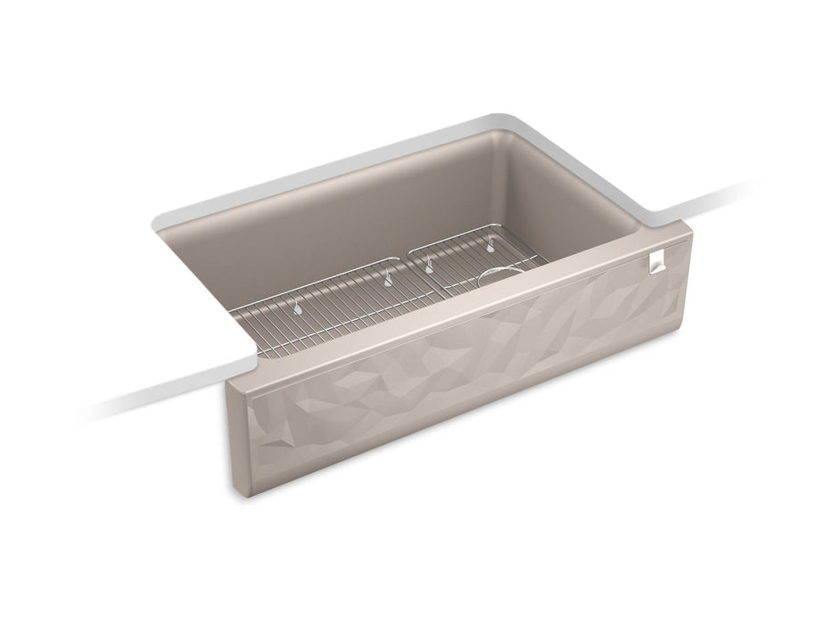KOHLER Cairn 34" undermount single-bowl farmhouse kitchen sink with faceted design