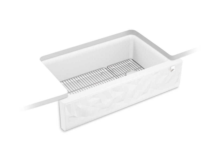 KOHLER Cairn 34" undermount single-bowl farmhouse kitchen sink with faceted design