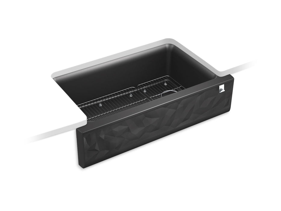 KOHLER Cairn 34" undermount single-bowl farmhouse kitchen sink with faceted design