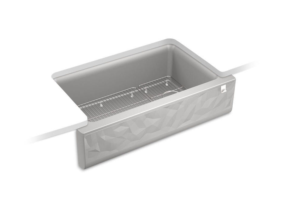 KOHLER Cairn 34" undermount single-bowl farmhouse kitchen sink with faceted design