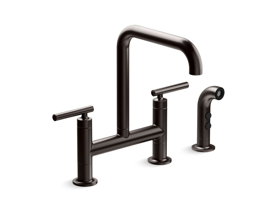 KOHLER Purist Two-hole bridge kitchen sink faucet with side sprayer