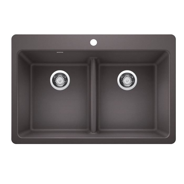 BLANCO Liven SILGRANIT 33" 50/50 Double Bowl Dual Mount Kitchen Sink with Low Divide - Cinder