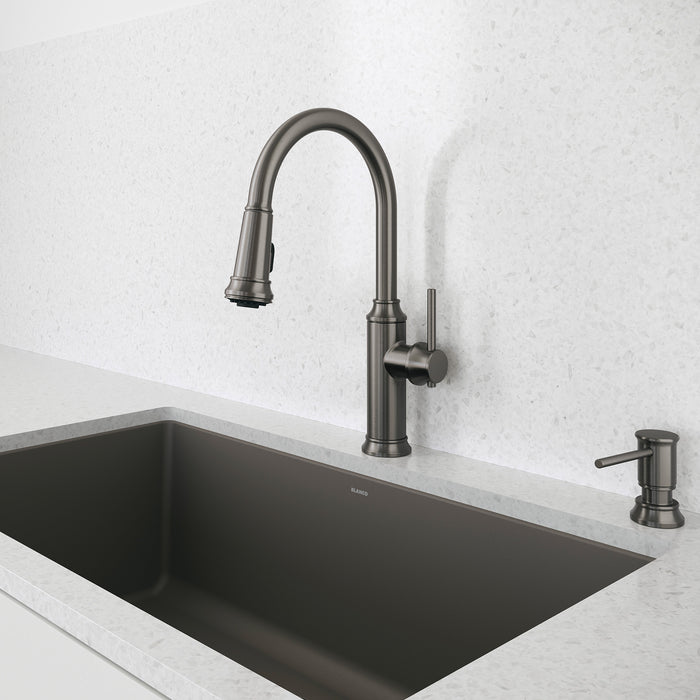 Satin Dark Steel - BLANCO Empressa High Arc Pull-Down Dual-Spray Kitchen Faucet