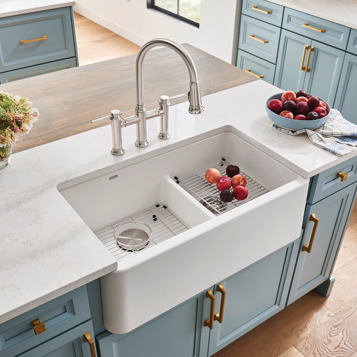 White - BLANCO Ikon SILGRANIT 33" Double Bowl Apron-Front Farmhouse Sink with Low Divide