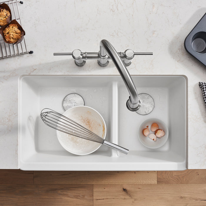 White - BLANCO Ikon SILGRANIT 33" Double Bowl Apron-Front Farmhouse Sink with Low Divide
