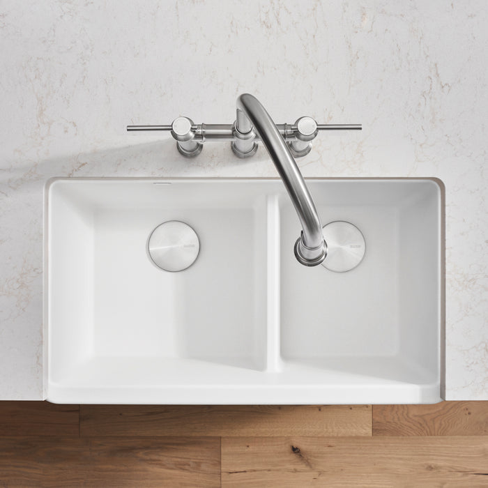 White - BLANCO Ikon SILGRANIT 33" Double Bowl Apron-Front Farmhouse Sink with Low Divide