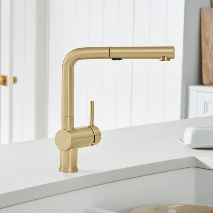 Satin Gold - BLANCO Linus Low Arc Pull-Out Dual-Spray Kitchen Faucet
