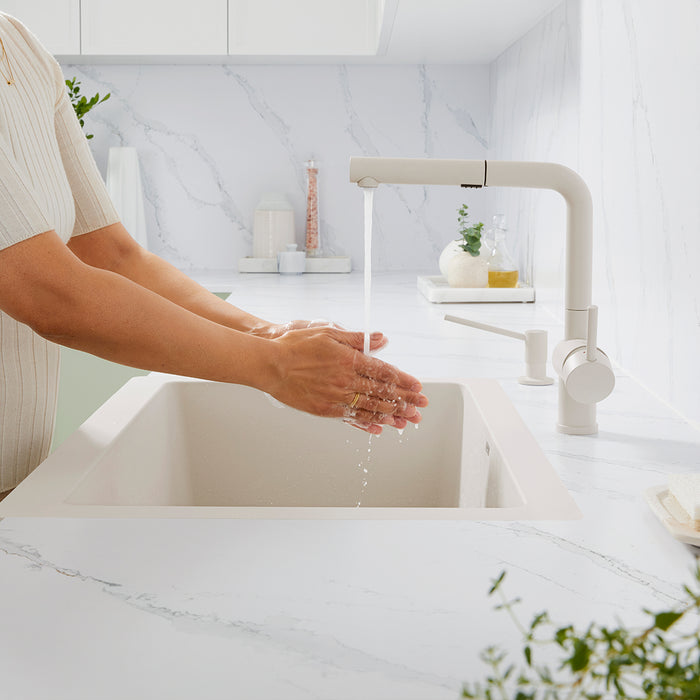 Soft White - BLANCO Linus Low Arc Pull-Out Dual-Spray Kitchen Faucet