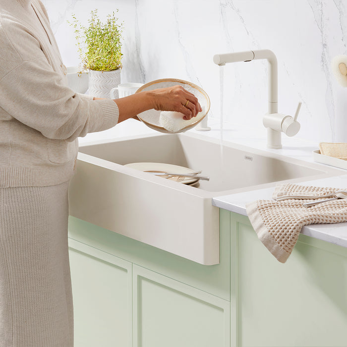 Soft White - BLANCO Linus Low Arc Pull-Out Dual-Spray Kitchen Faucet