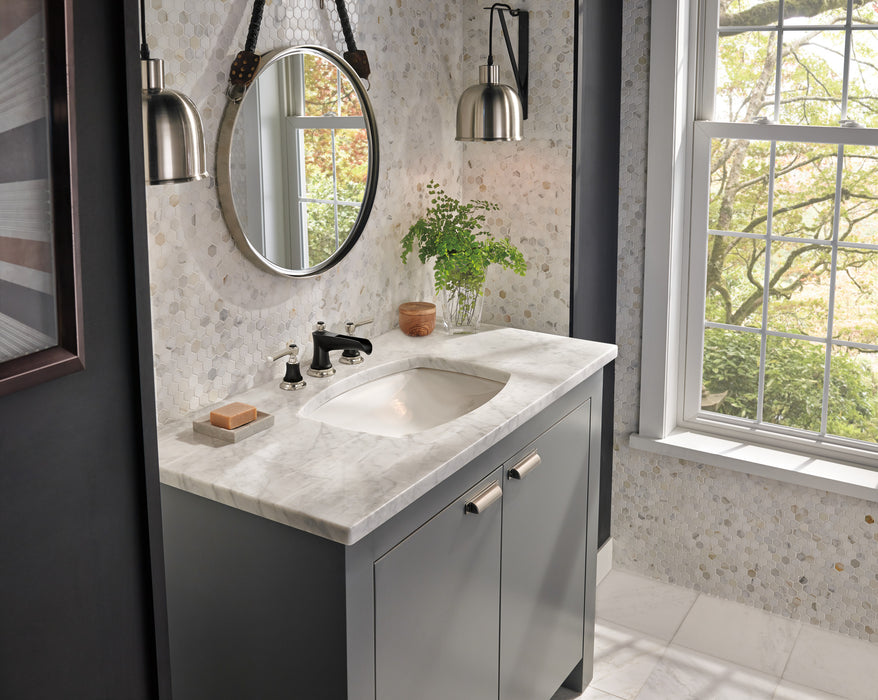 Brizo Rook: Widespread Lavatory Faucet with Channel Spout - Less Handles 1.5 GPM