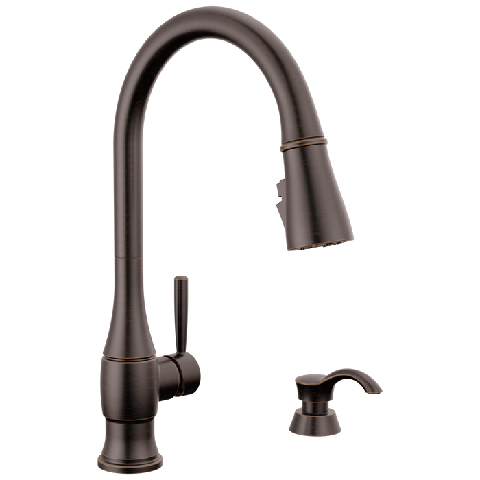 Single Handle Pull-Down Kitchen Faucet with Soap Dispenser and ShieldSpray Technology