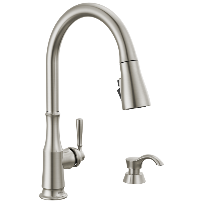 Single Handle Pull-Down Kitchen Faucet with Soap Dispenser and ShieldSpray Technology