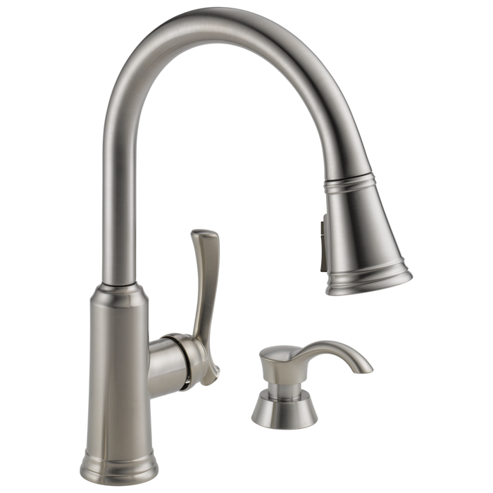 Single Handle Pull-Down Kitchen Faucet with Soap Dispenser and ShieldSpray Technology