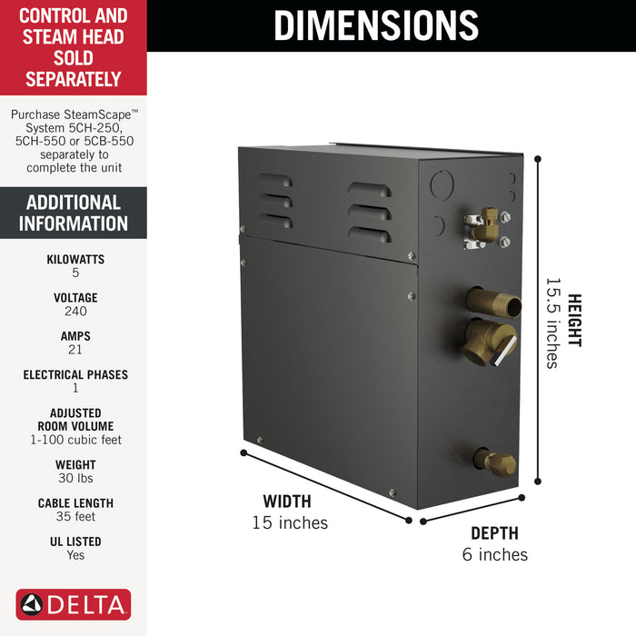 Delta Universal Showering Components 5GE SteamScape 5kW Steam Generator - 240V 1ph