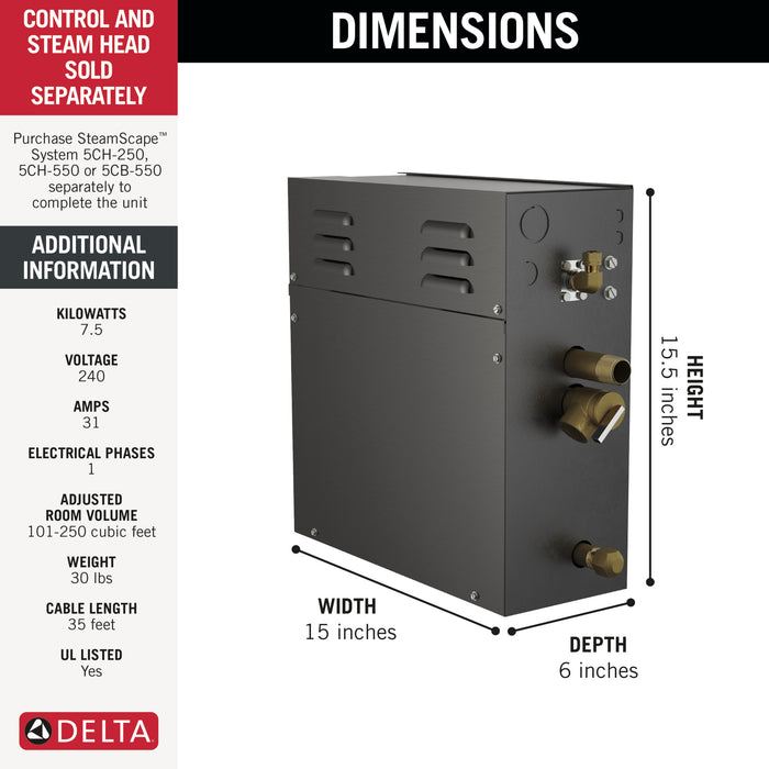 Delta Universal Showering Components 5GE SteamScape 7.5kW Steam Generator - 240V 1ph