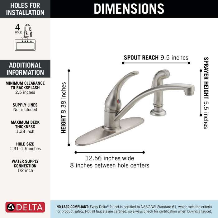 Delta Foundations B4410LF Single Handle Kitchen Faucet with Spray, Stainless