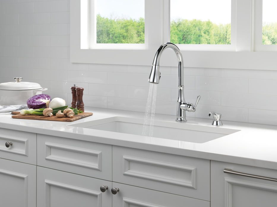 Delta Capertee 19877Z Single Handle Pull-Down Kitchen Faucet with Soap Dispenser and ShieldSpray Technology