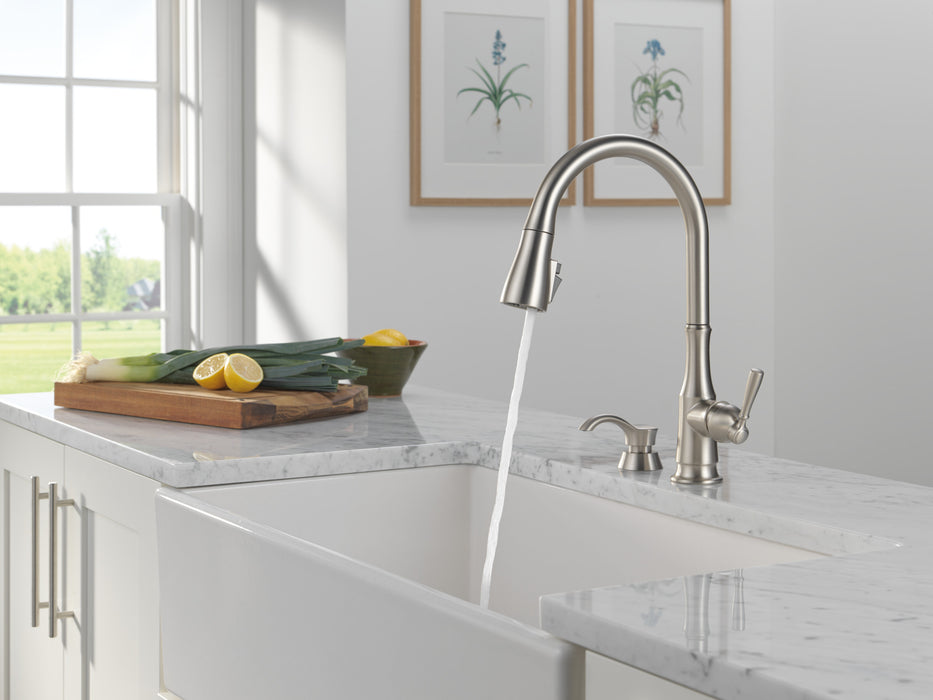 Delta Capertee 19877Z Single Handle Pull-Down Kitchen Faucet with Soap Dispenser and ShieldSpray Technology