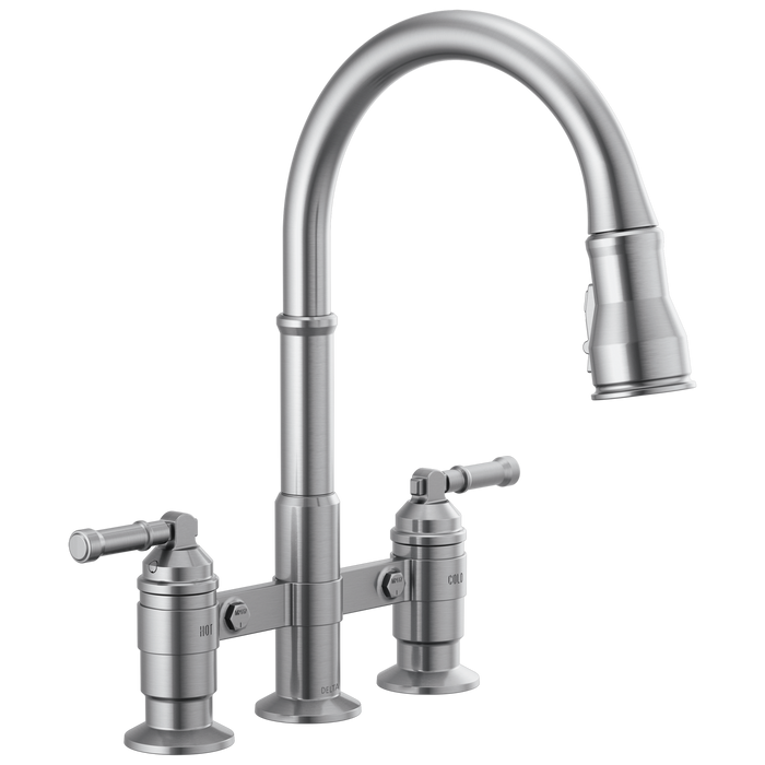 Delta Broderick 2390L Two Handle Pull-Down Bridge Kitchen Faucet, arctic stainless
