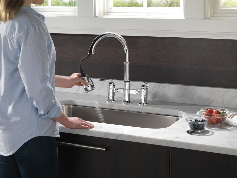 Delta Broderick: Two Handle Pull-Down Bridge Kitchen Faucet
