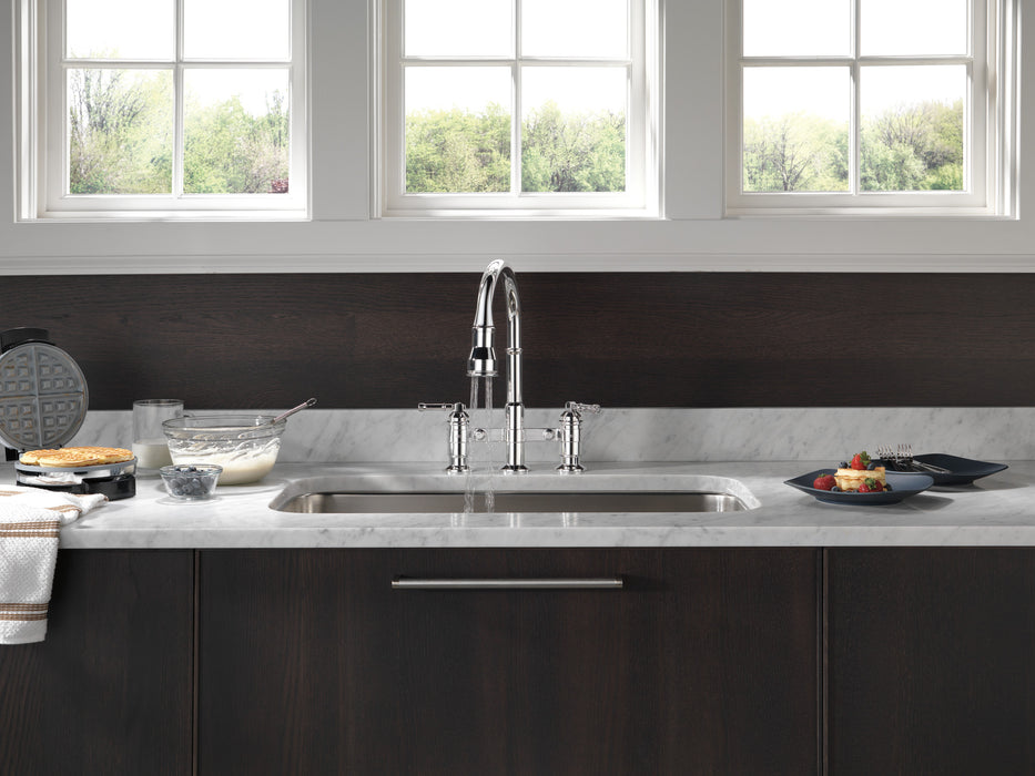 Delta Broderick: Two Handle Pull-Down Bridge Kitchen Faucet