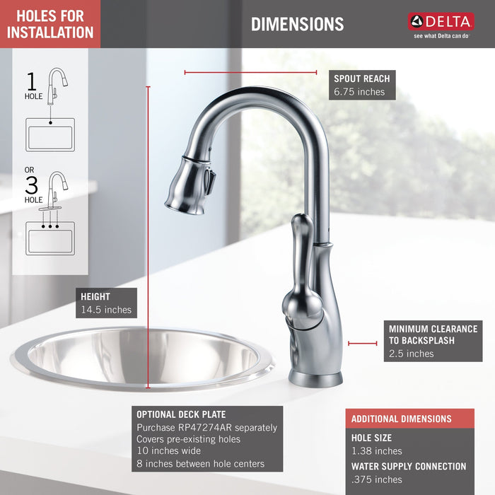 Delta Leland 9678 Single Handle Pull-Down Bar / Prep Faucet, arctic stainless - view 3