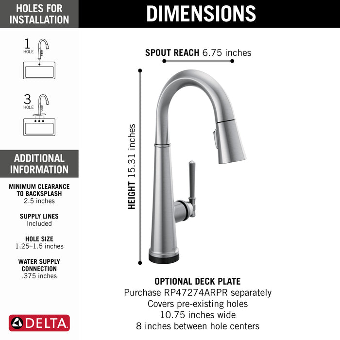 Delta Emmeline: Single Handle Pull Down Bar/Prep Faucet with Touch2O Technology