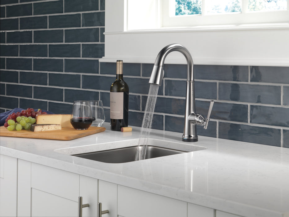 Delta Emmeline: Single Handle Pull Down Bar/Prep Faucet with Touch2O Technology