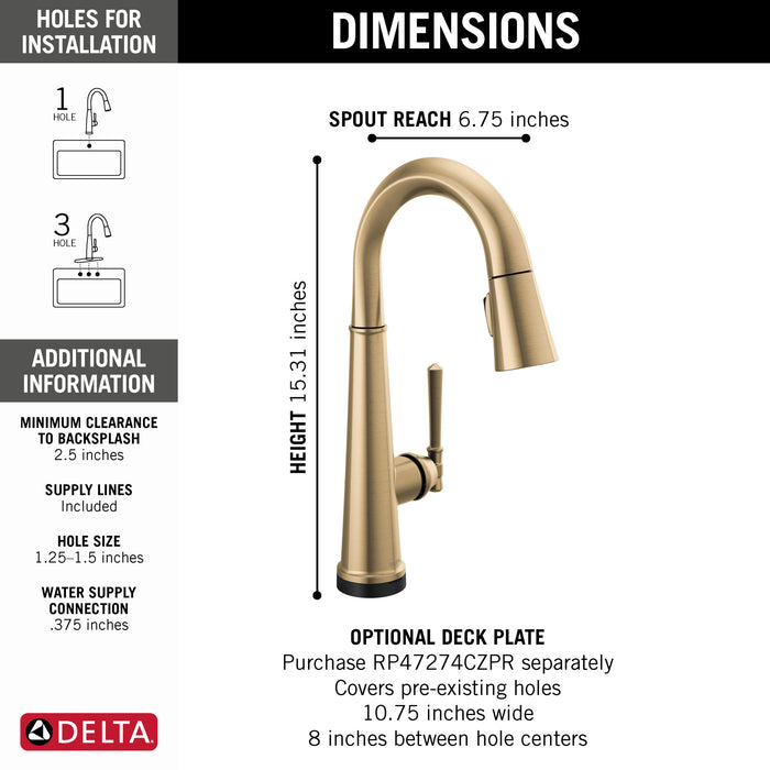 Delta Emmeline: Single Handle Pull Down Bar/Prep Faucet with Touch2O Technology