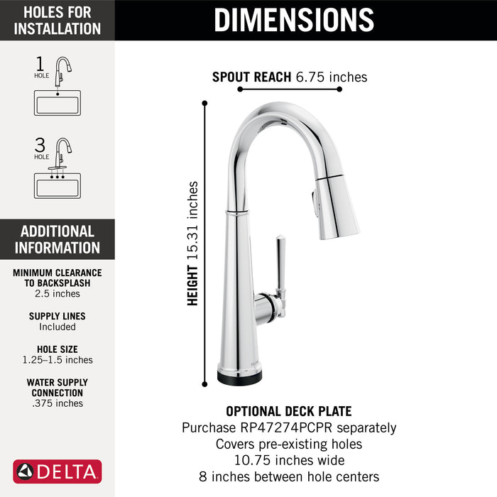 Delta Emmeline: Single Handle Pull Down Bar/Prep Faucet with Touch2O Technology