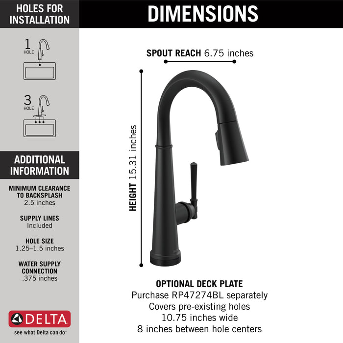 Delta Emmeline: Single Handle Pull Down Bar/Prep Faucet with Touch2O Technology