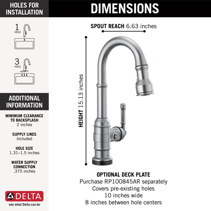 Delta Broderick 9990T Single Handle Pull-Down Bar/Prep Faucet with TouchTouch 2O Technology, arctic stainless - view 3
