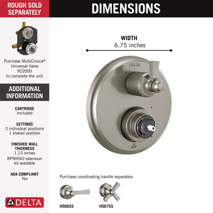 Delta Dorval:T24856 Traditional 2-Handle Monitor 14 Series Valve Trim with 3 Setting Diverter