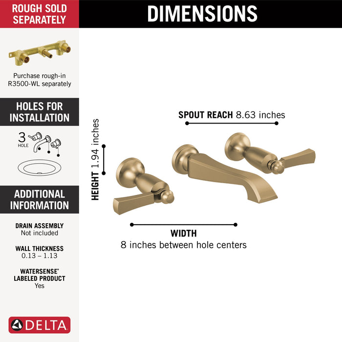 Delta Dorval T3556LF Two Handle Wall Mount Bathroom Faucet Trim Only, champagne bronze - view 2