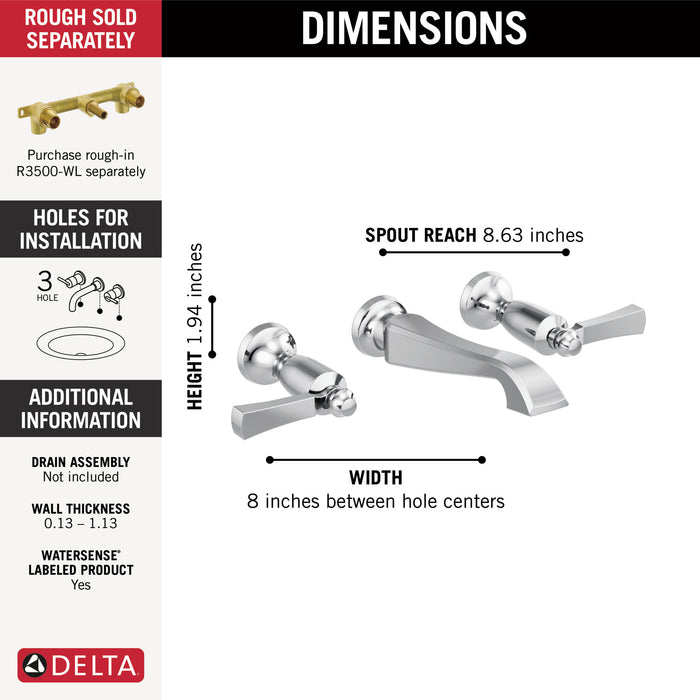 Delta Dorval™: Two Handle Wall Mount Bathroom Faucet Trim Only