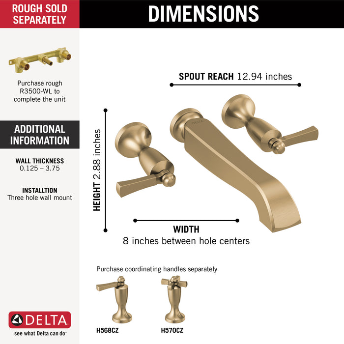 Delta Dorval T5756 Two Handle Wall Mount Tub Filler - Less Handles