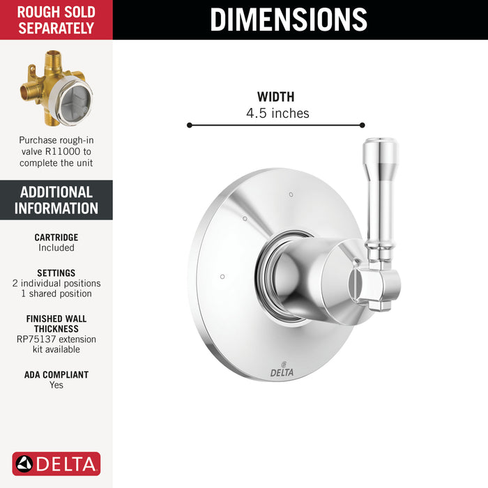 Delta Broderick T11884 3-Setting Diverter Trim, Lumicoat Chrome