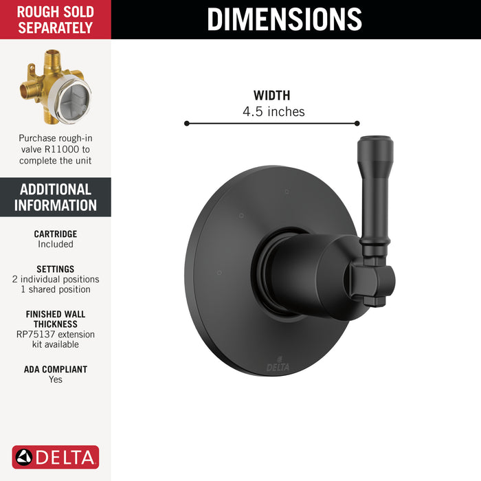 Delta Broderick T11884 3-Setting Diverter Trim, Matte Black