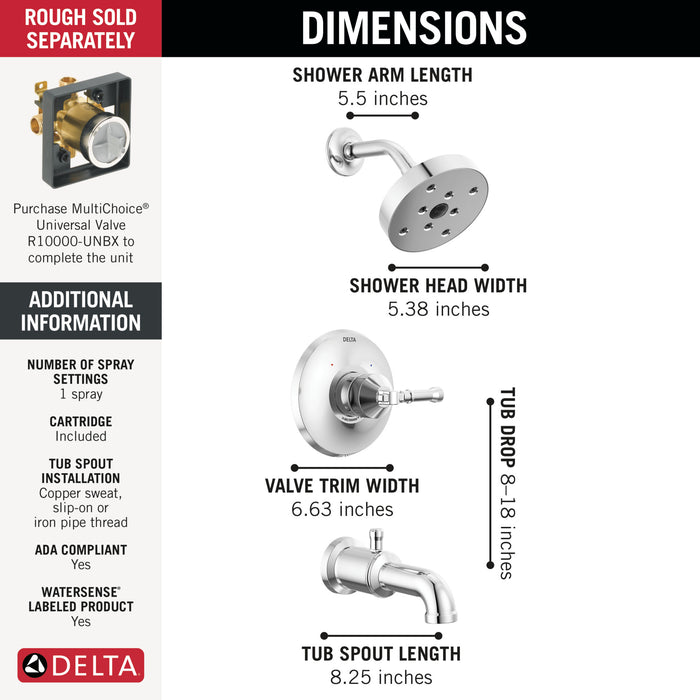 Delta Broderick T14484 14 Series Tub Shower Trim, Lumicoat Chrome