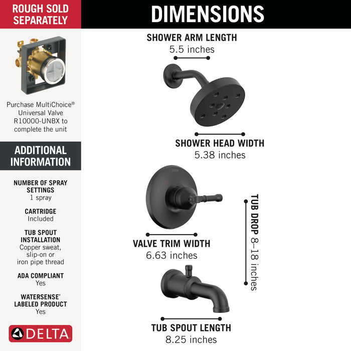 Delta Broderick T14484 14 Series Tub Shower Trim, Matte Black
