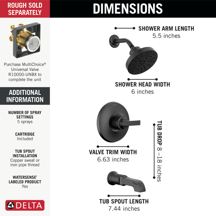 Delta Tetra T14489 Monitor 14 Series Tub & Shower Trim, Matte Black