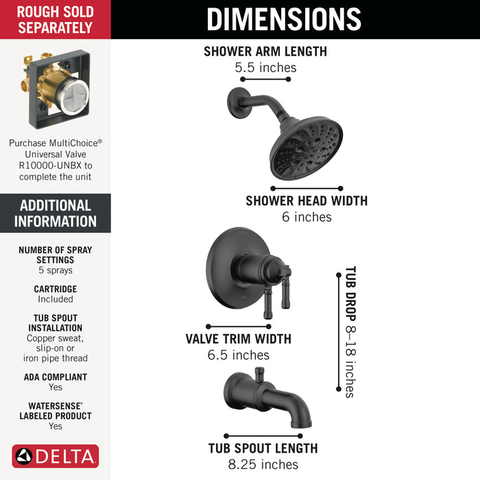 Delta Broderick T17T484 17T Series Tub Shower Trim, Matte Black