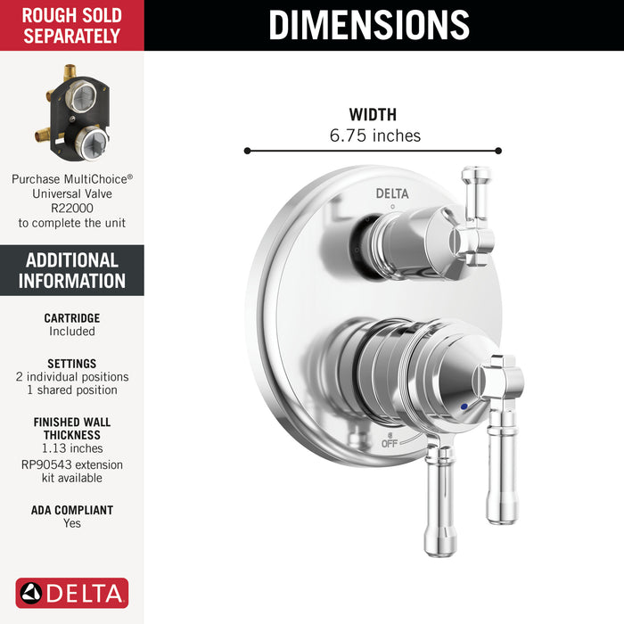 Delta Broderick T27884 17 Series Integrated Diverter Trim 3-Setting, Lumicoat Chrome