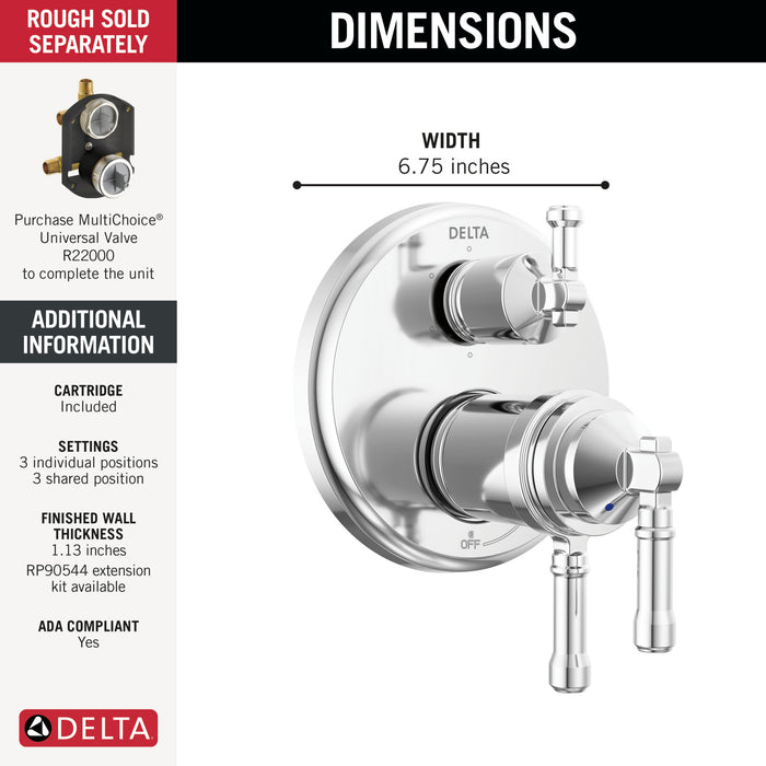 Delta Broderick T27T984 17T Series Integrated Diverter Trim 6-Setting, Lumicoat Chrome